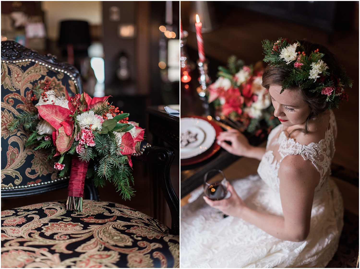 Intimate Christmas Wedding at home. Christmas cookies from Ciao Thyme. Alicia's bridal high lo gown. Black Chandelier. Flower Crown by Bella Fiori. Vintage Ecletic Decor. 