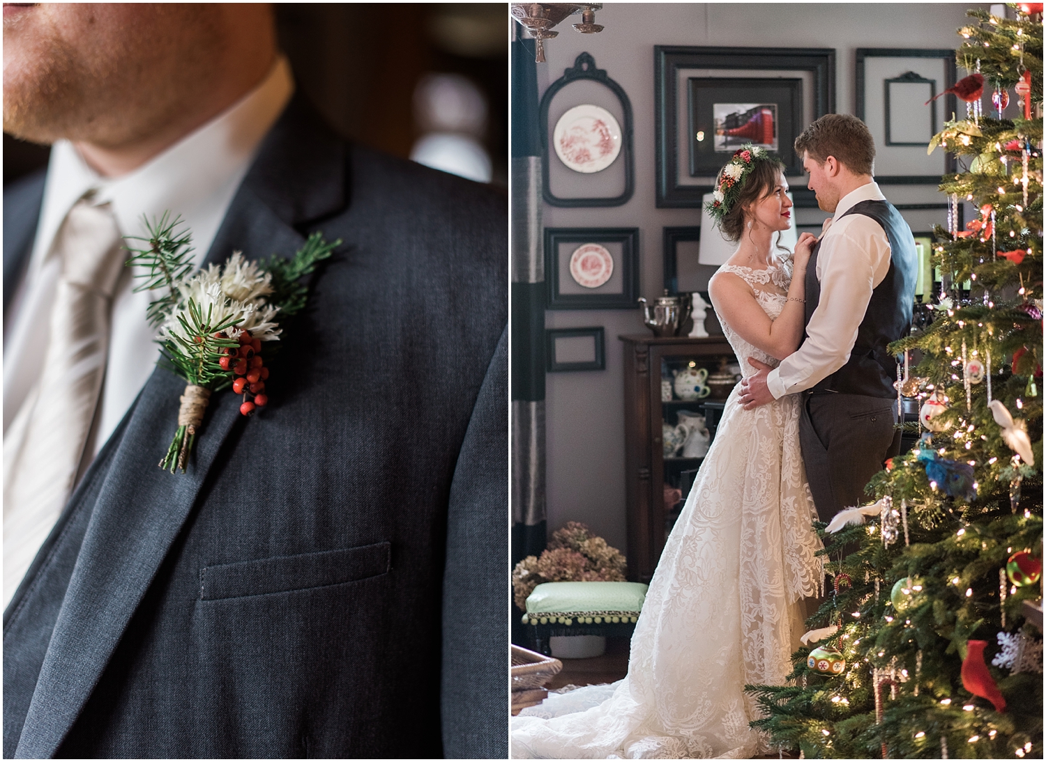 Intimate Christmas Wedding at home. Christmas cookies from Ciao Thyme. Alicia's bridal high lo gown. Black Chandelier. Flower Crown by Bella Fiori. Vintage Ecletic Decor. 