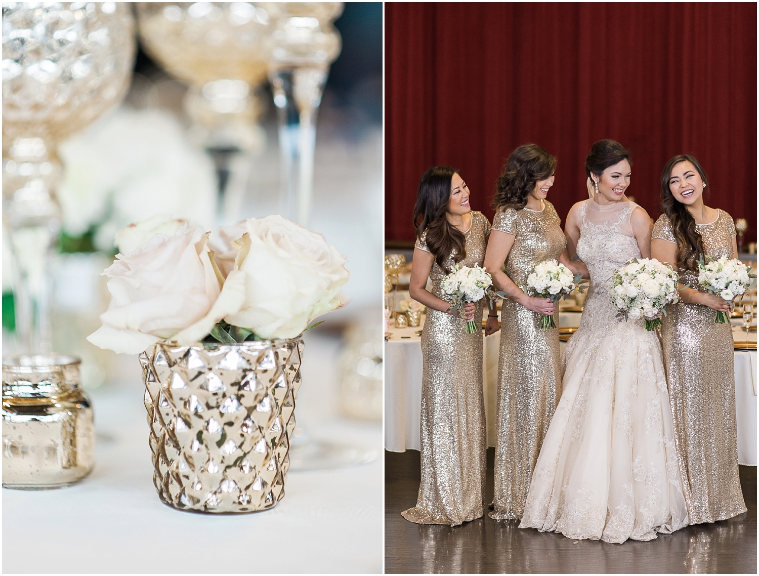 Mukilteo Rosehill Community Center Wedding. Winter Glitter Wedding. Blush, Champagne, Gold