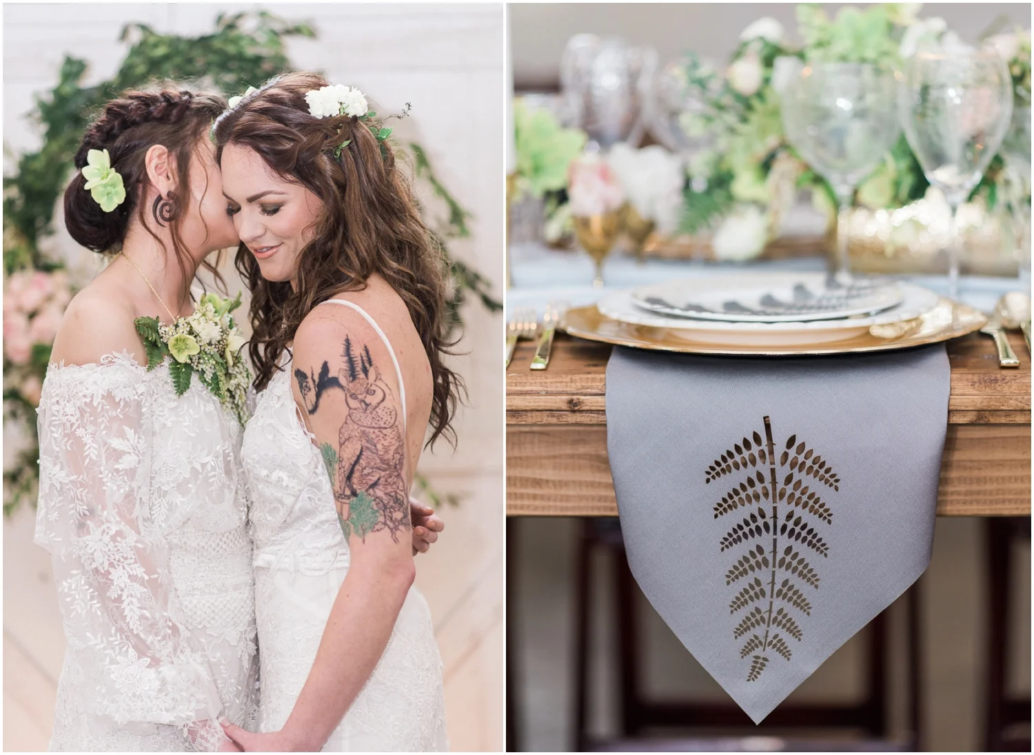 Dairyland french rustic lesbian 2 brides wedding. Romantic. Feminine. Calligraphy. Ferns. Candlelight