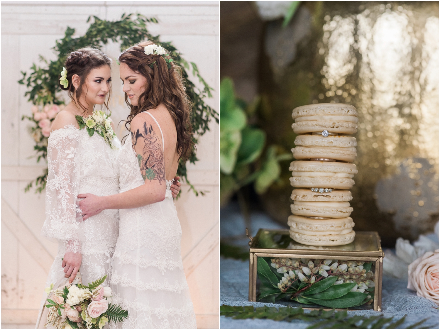 Dairyland french rustic lesbian 2 brides wedding. Romantic. Feminine. Calligraphy. Ferns. Candlelight