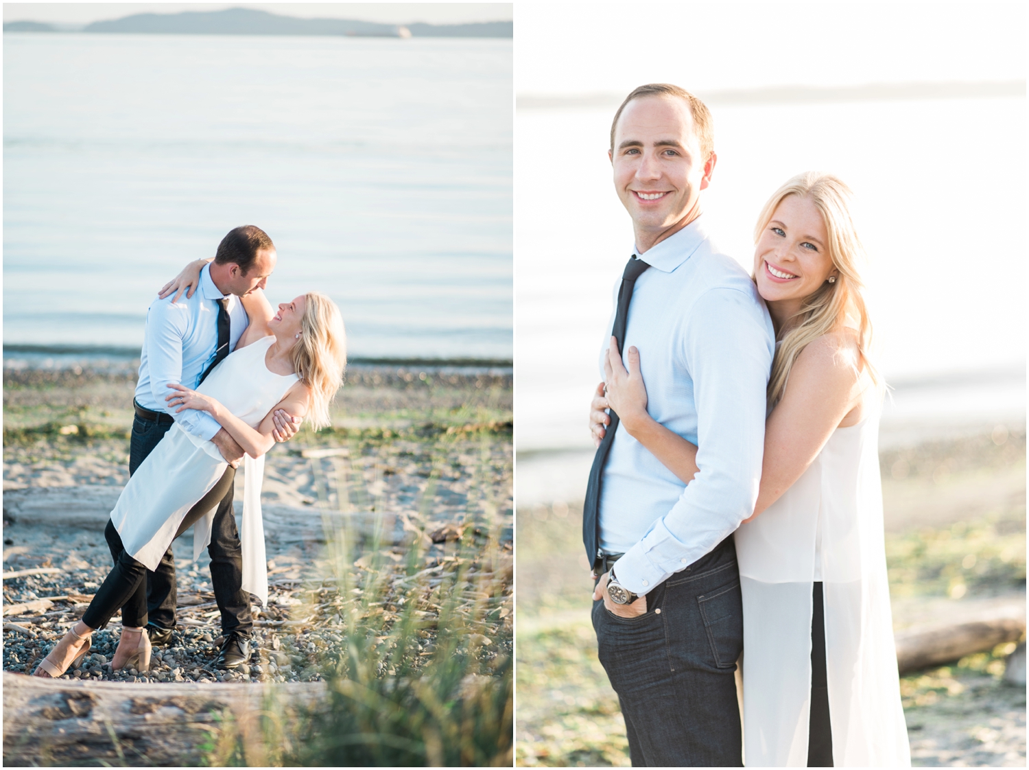 Discovery Park Sunset Beach engagement. Lighthouse. Golden Hour. 