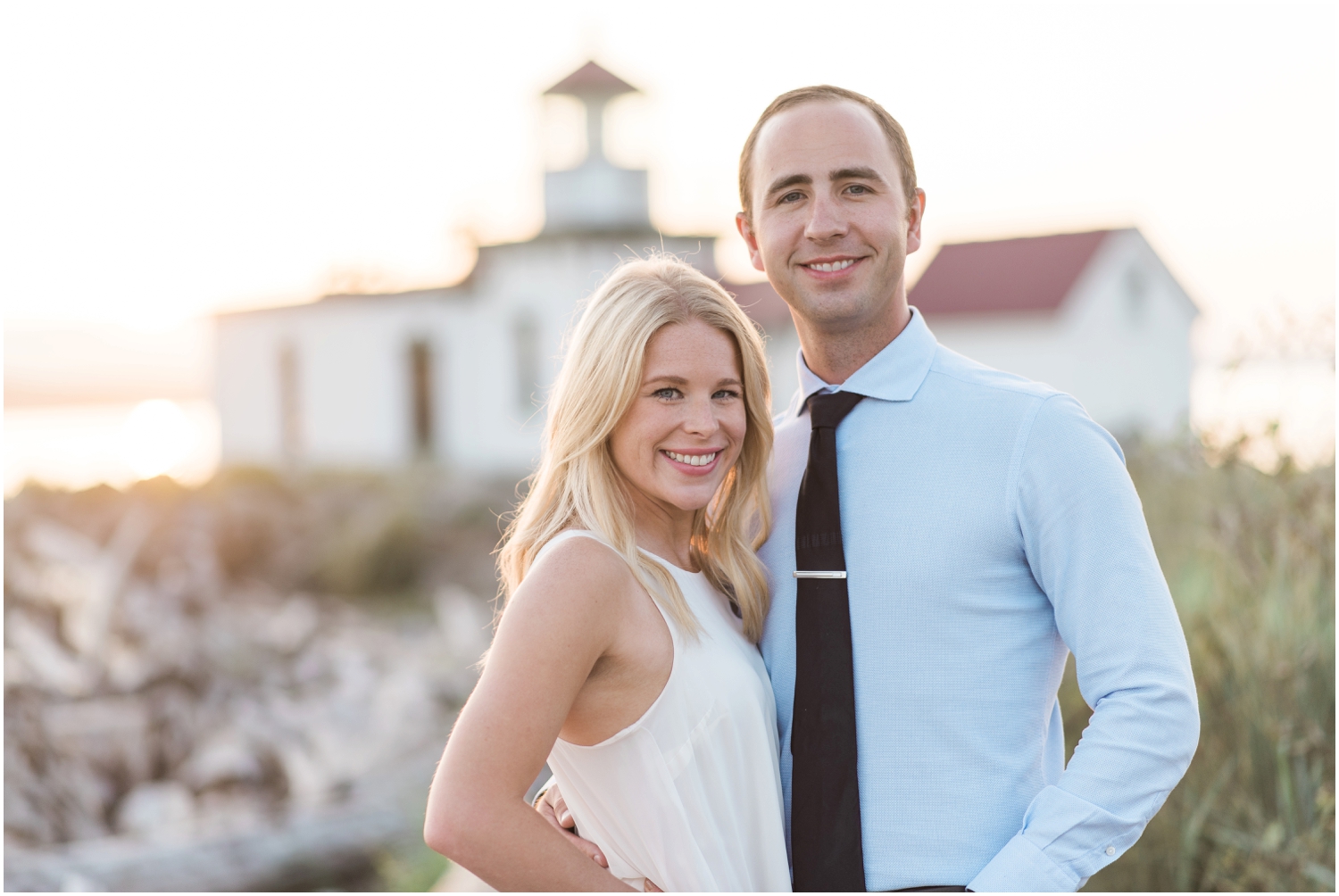 Discovery Park Sunset Beach engagement. Lighthouse. Golden Hour. 