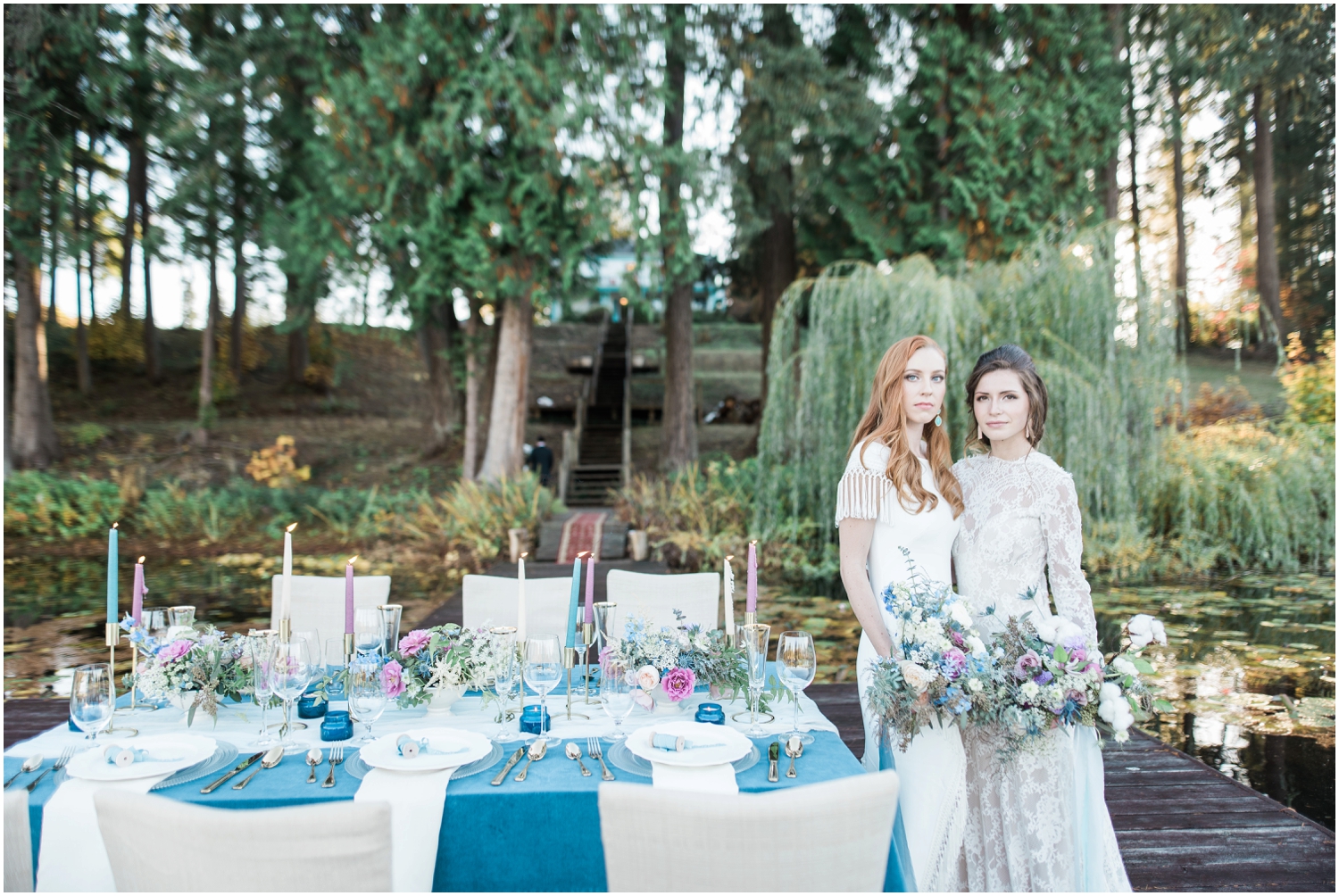 Colonial, two brides, mrs. & mrs. Taper candles, lake front, velvet, lesbian, gay, Seattle wedding, outdoor, summer, fall, golden hour B. Jones Photography, Snohomish wedding