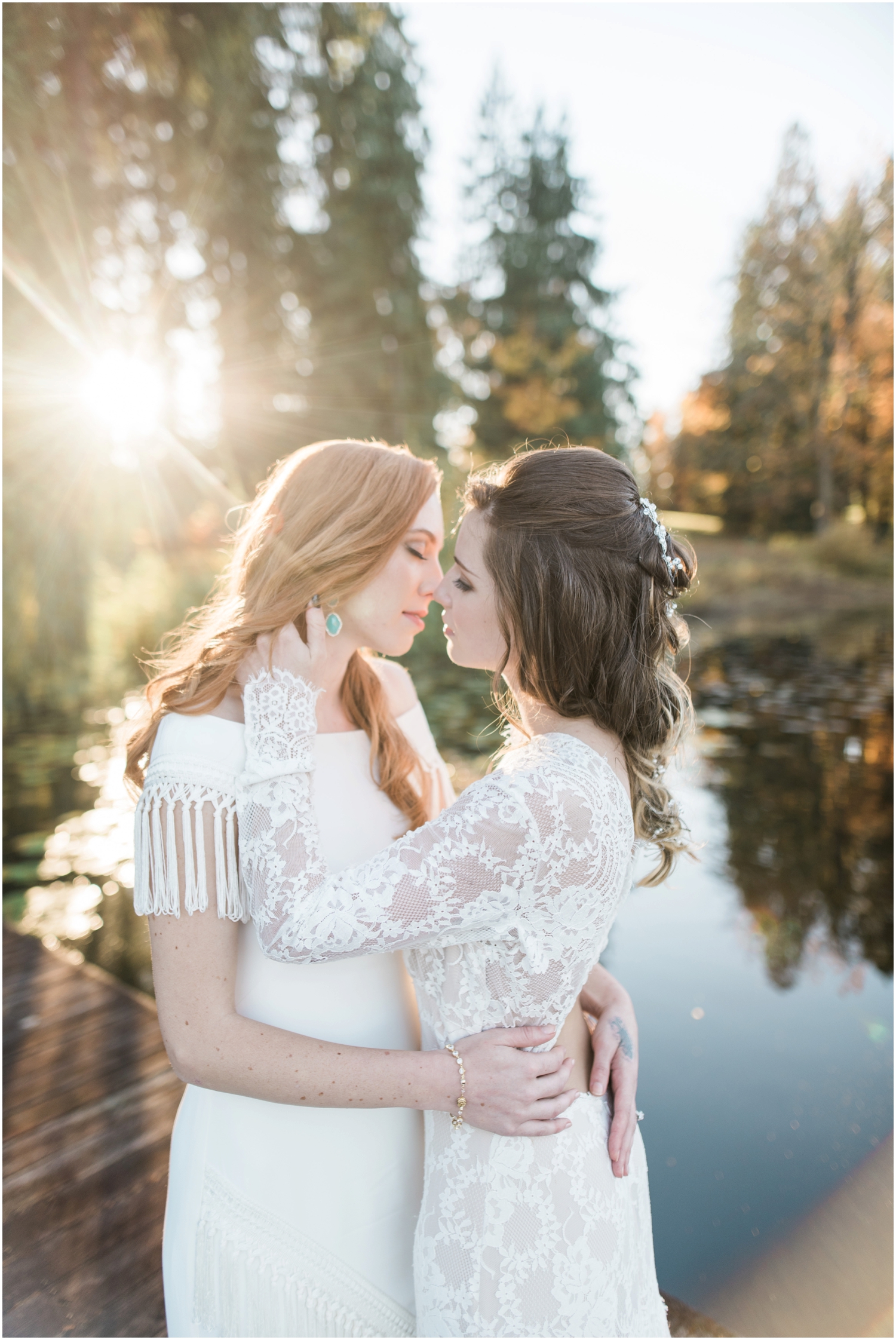 Colonial, two brides, mrs. & mrs. Taper candles, lake front, velvet, lesbian, gay, Seattle wedding, outdoor, summer, fall, golden hour B. Jones Photography, Snohomish wedding