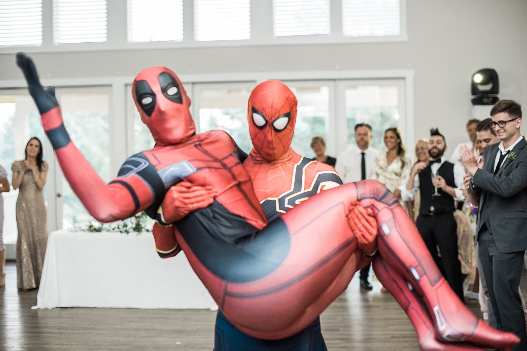 wedding reception Guest appearances at by Spiderman & deadpool. 