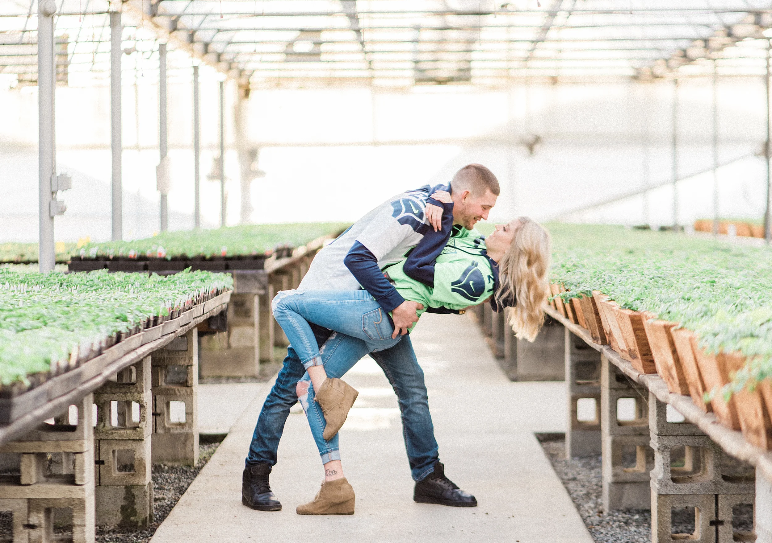 Snohomish Greenhouse nursery engagement session. Sunset. Seahawk
