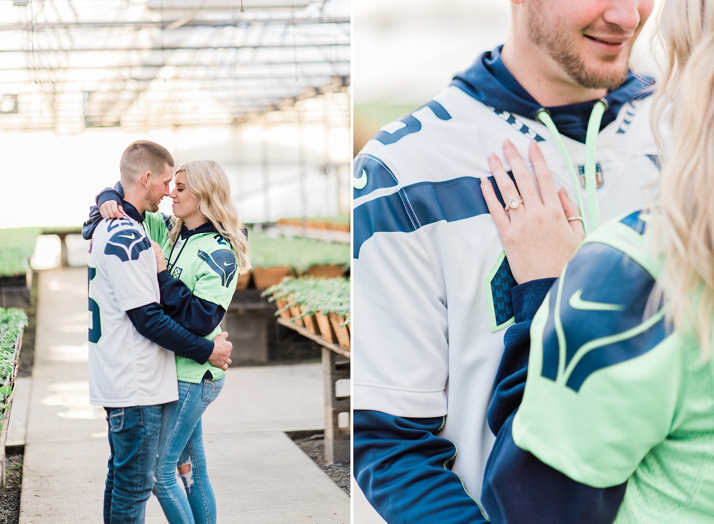 Snohomish Greenhouse nursery engagement session. Sunset. Seahawk