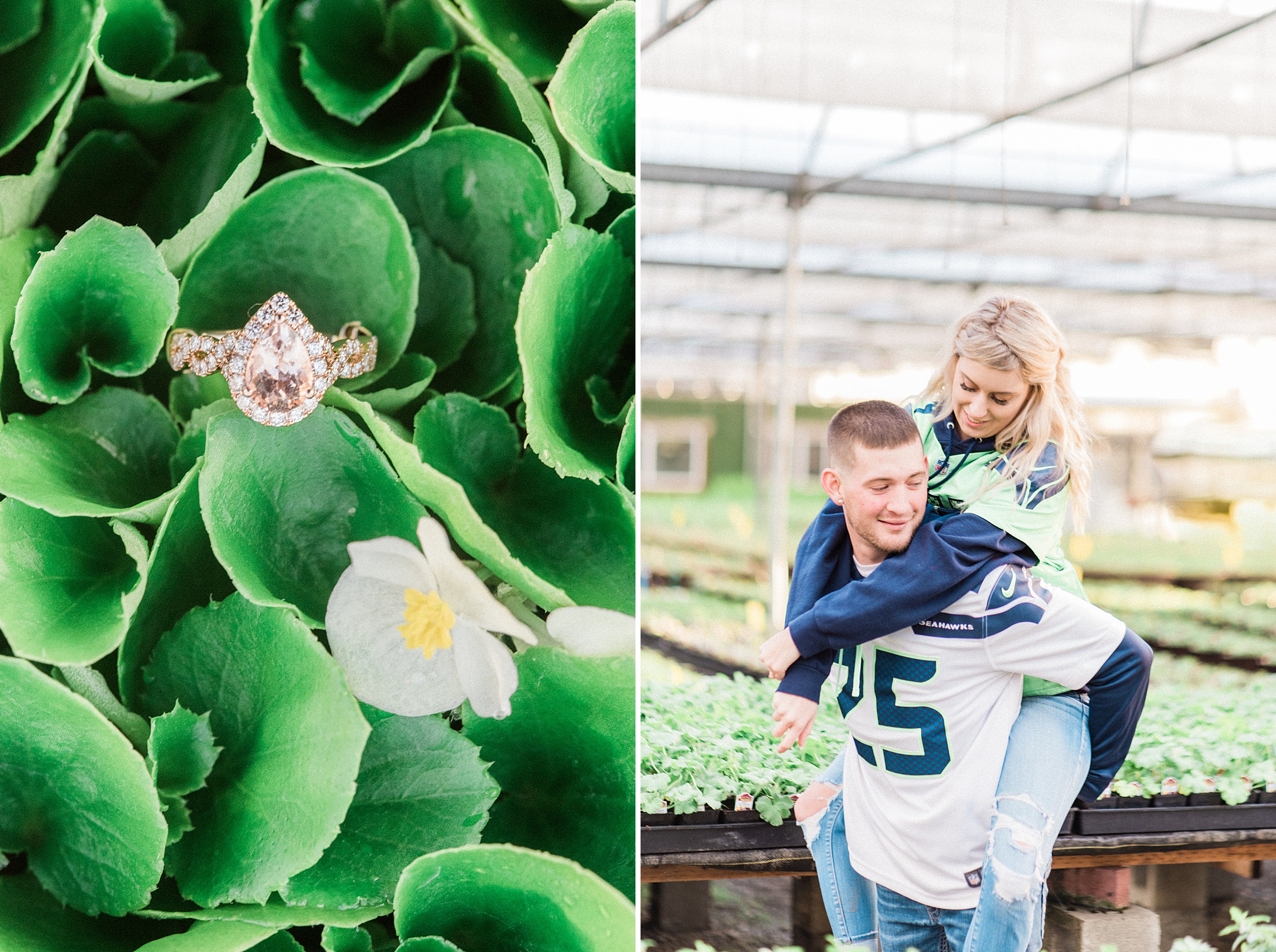 Snohomish Greenhouse nursery engagement session. Sunset. Seahawk