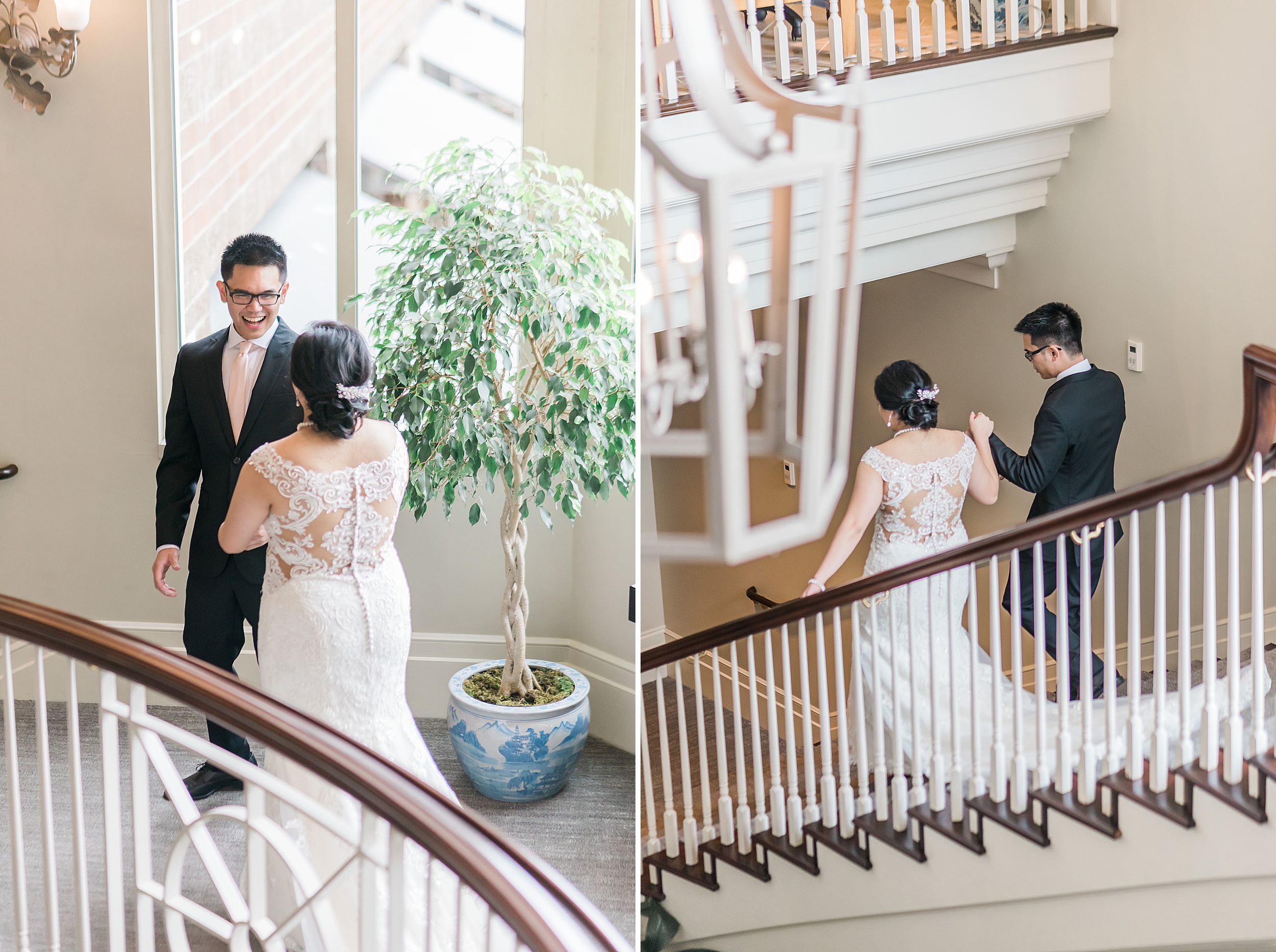First look on staircare.Woodmark Hotel Waterfront Wedding. Seatt