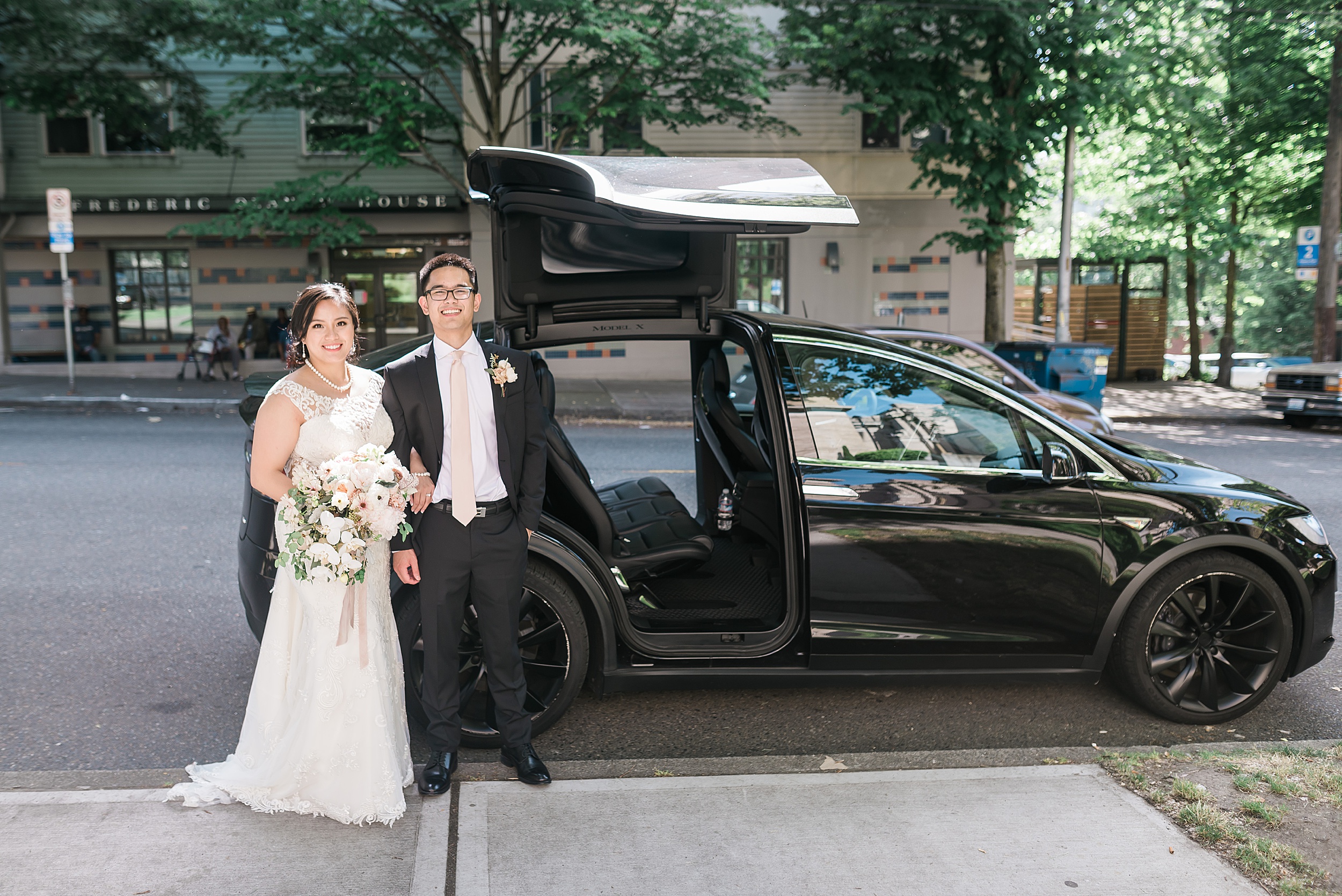 Tesla Model X. Wedding Getaway Car. Woodmark Hotel Wedding | Sea