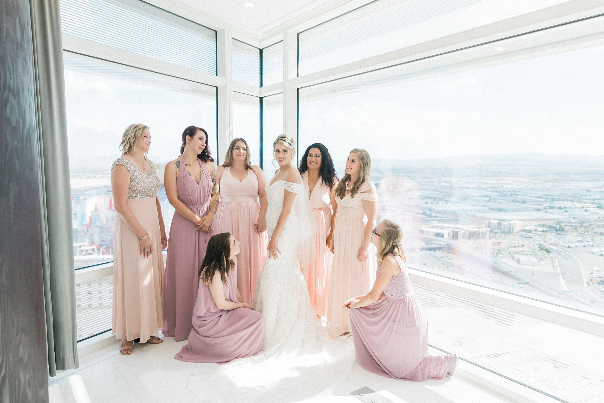 Bridesmaids. Aria Sky Suite Wedding. Las Vegas strip Elopement P