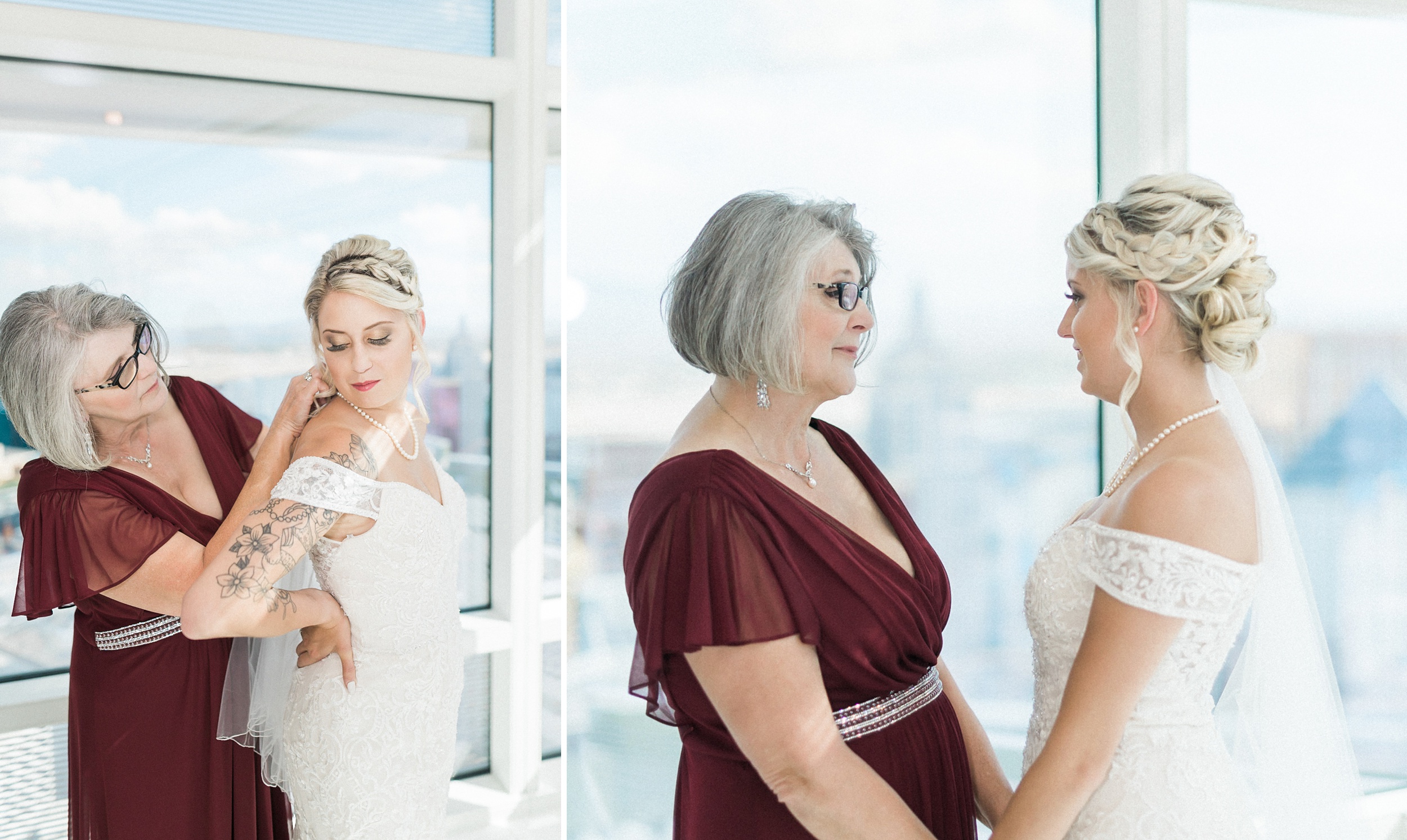 moms helping bride get ready at the Aria Sky Suite Wedding. Las 