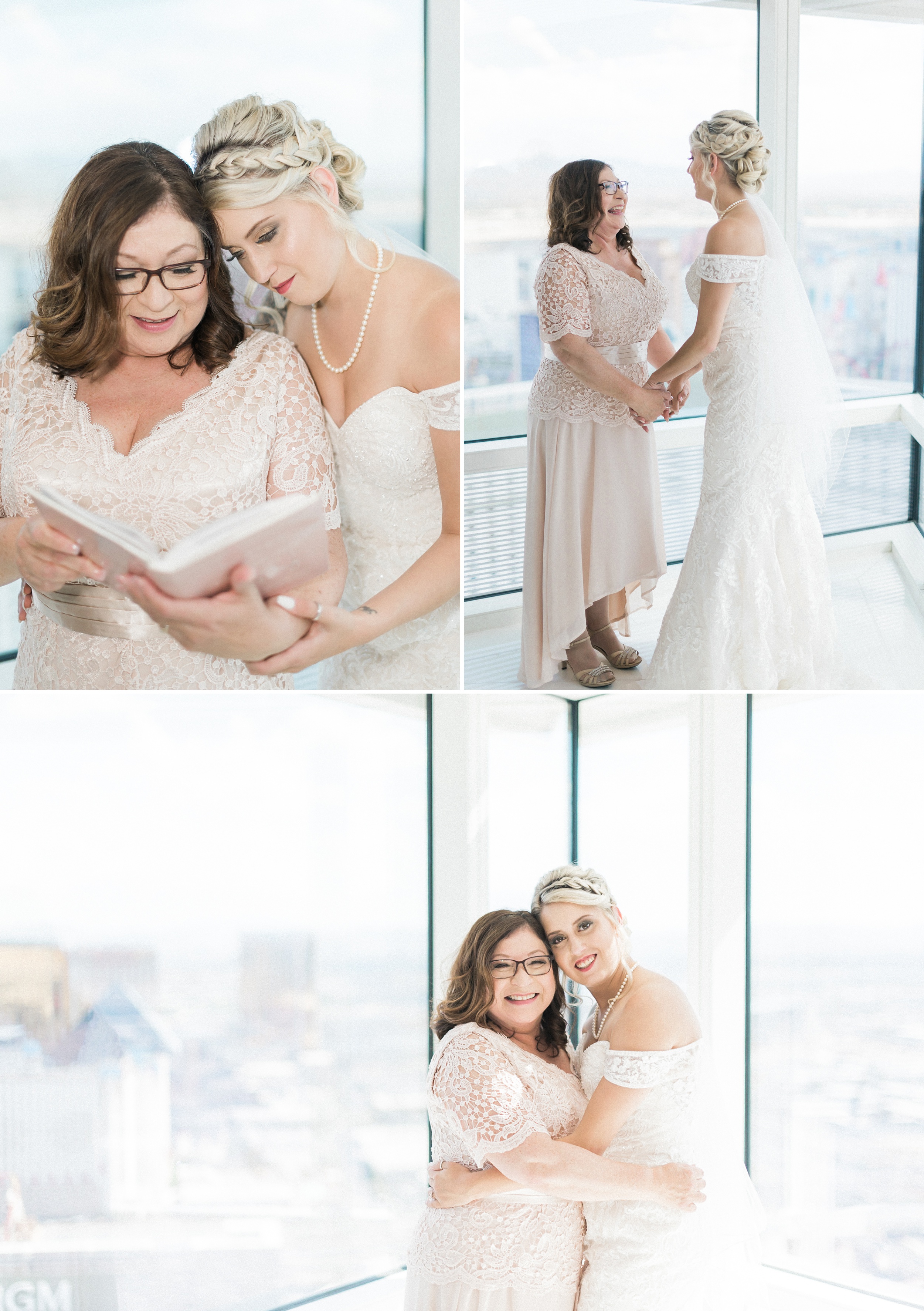 moms helping bride get ready at the Aria Sky Suite Wedding. Las 