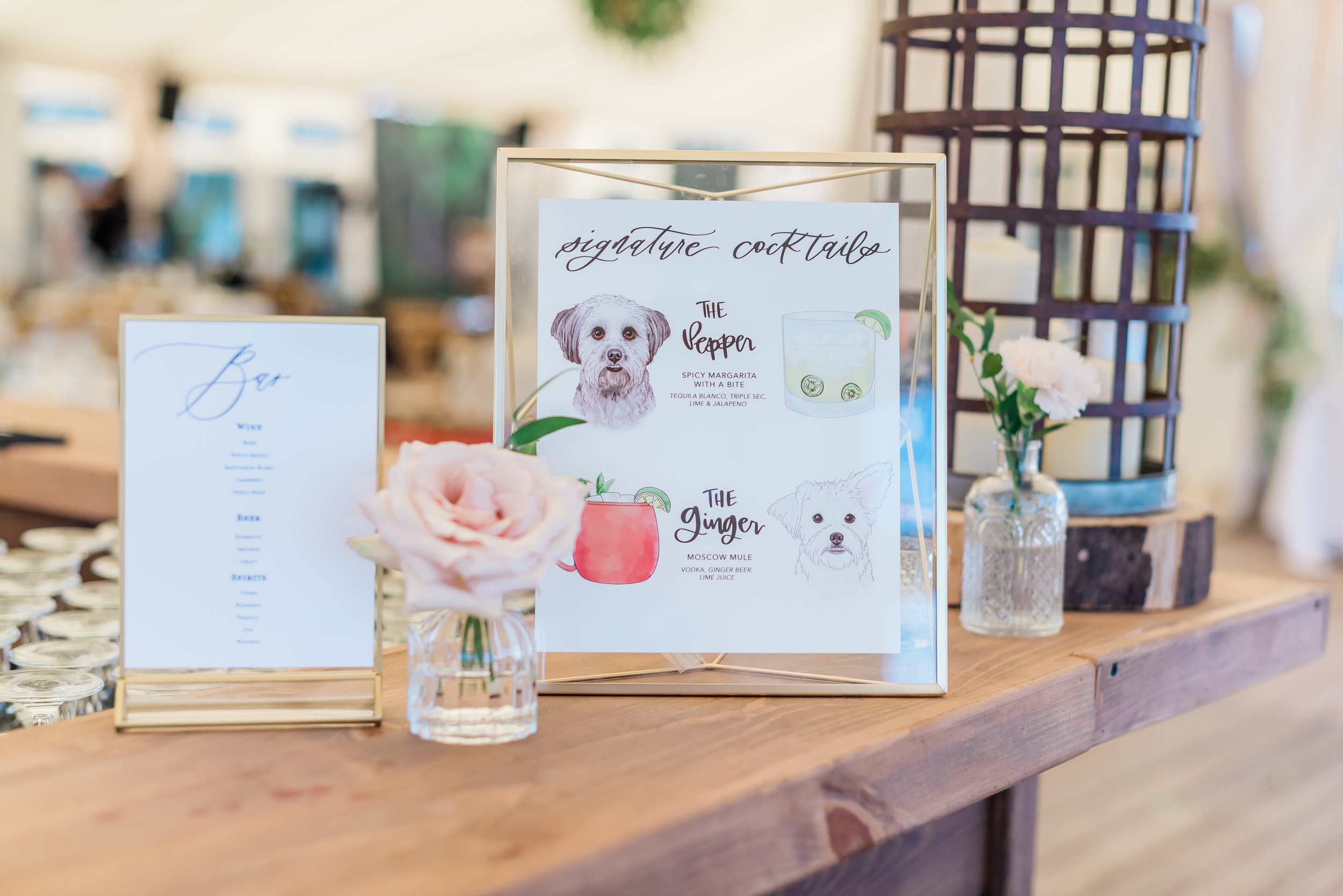  A Doggo inspired Signature cocktail — Name the drinks at the bar after your dog &amp; create custom signage for the drink menu. At Nancy &amp; Brant’s semiahmoo wedding, they hilariously named both their signature cocktail after their dogs, Ginger &