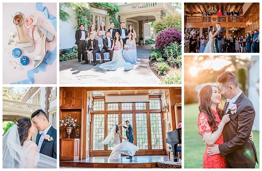 A collage of wedding photos. Top left: silver high-heeled shoes with rhinestones, pink rose, and wedding accessories. Top middle: group photo of happy wedding party outside a mansion, with bridesmaids and groomsmen in formal attire. Top right: bride and groom dancing in a wooden hall with guests watching from the balcony. Bottom left: bride and groom sharing a tender moment outdoors with trees in the background. Bottom middle: bride and groom dancing in a wood-paneled room with large windows. Bottom right: close-up of the bride and groom smiling at each other, with the bride in a red lace dress and the groom in a suit, outdoors with sunlight.