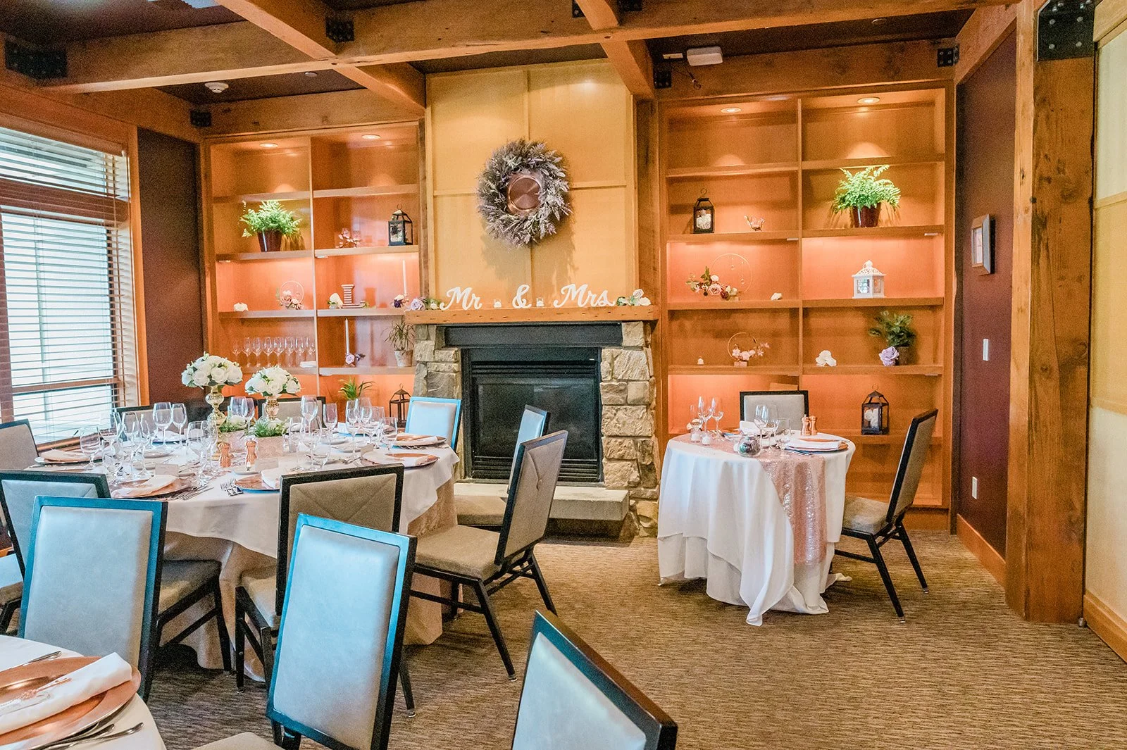 Intimate reception setup in the Cedar Room at Willows Lodge, Woodinville WA