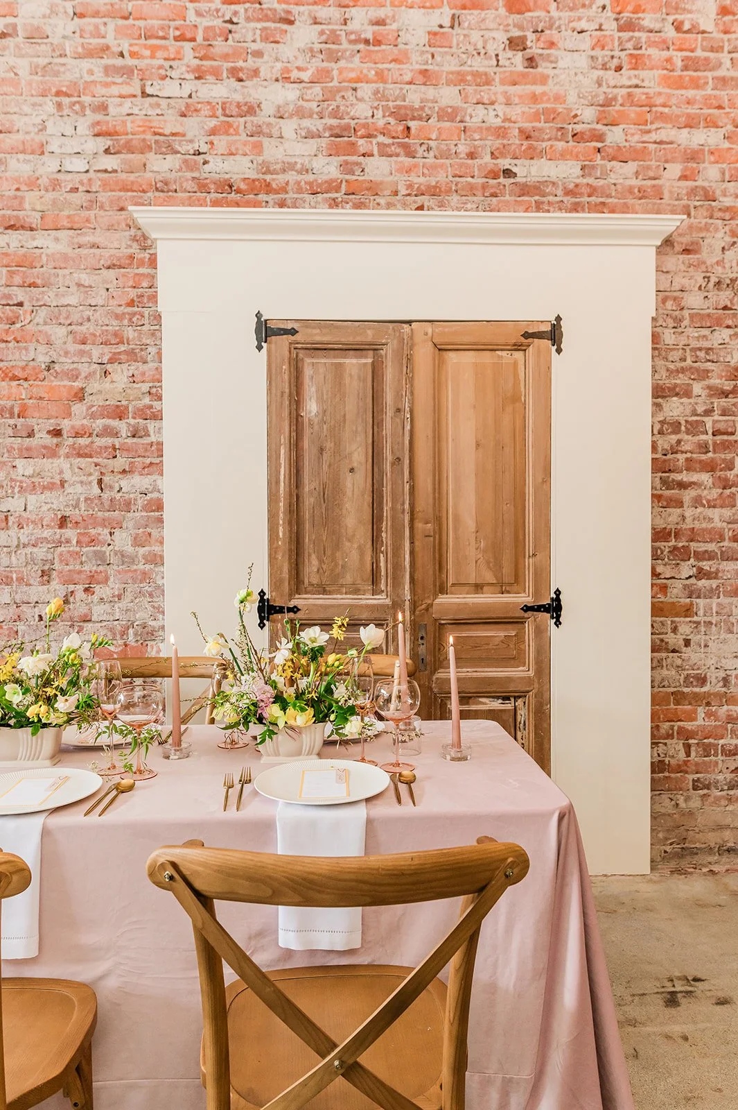 Baby shower venue Snohomish — side angle of spring tablescape showing depth and architectural backdrop