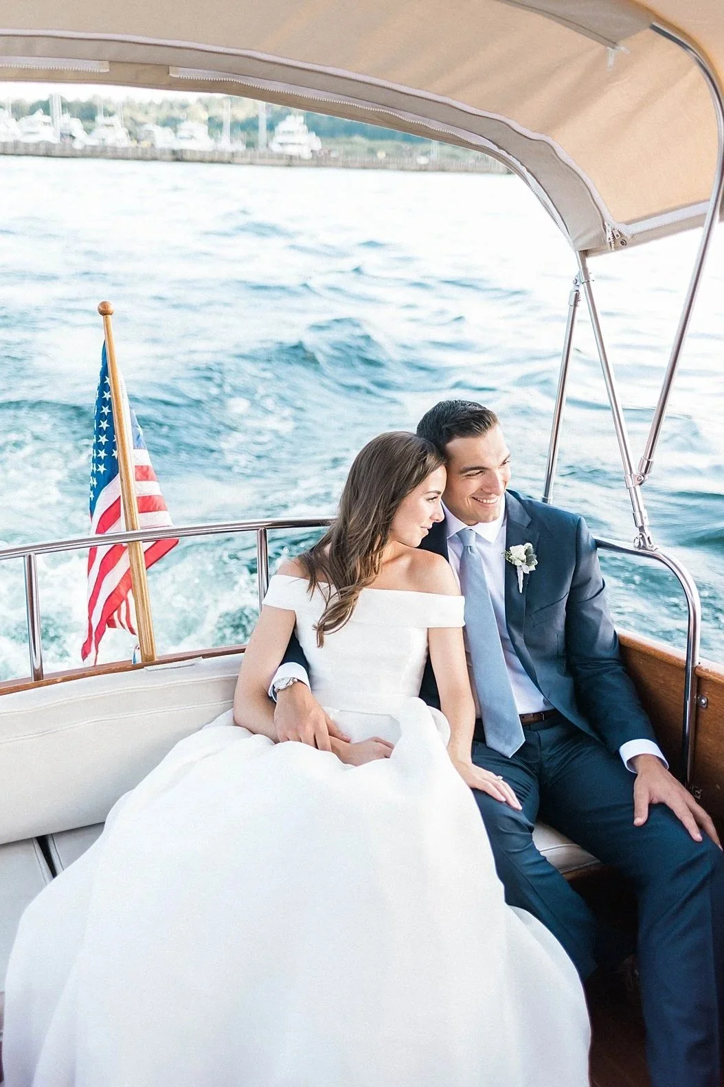 bride & groom on a boat in seattle