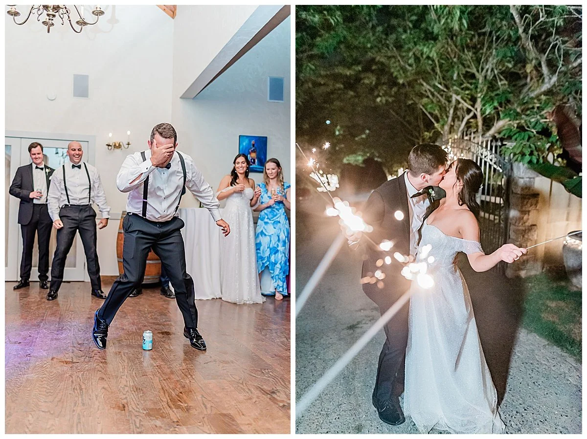 Joyful wedding reception moment at Chateau Lill in Woodinville WA with guests celebrating on the outdoor lawn