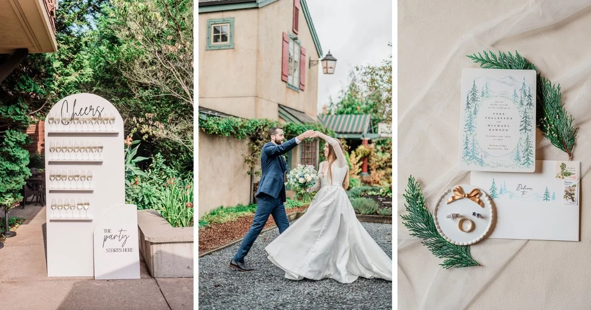 Collage of Willows Lodge wedding details: champagne cheers sign, couple dancing in the driveway, and winter invitation suite flat lay, Woodinville WA
