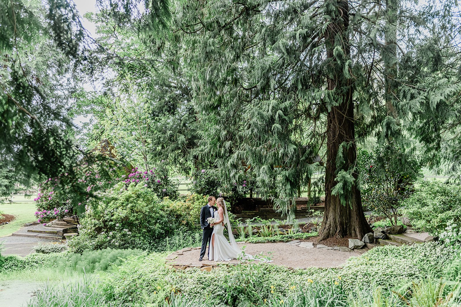 Couple standing under tall evergreens on the secret island at Chateau Lill