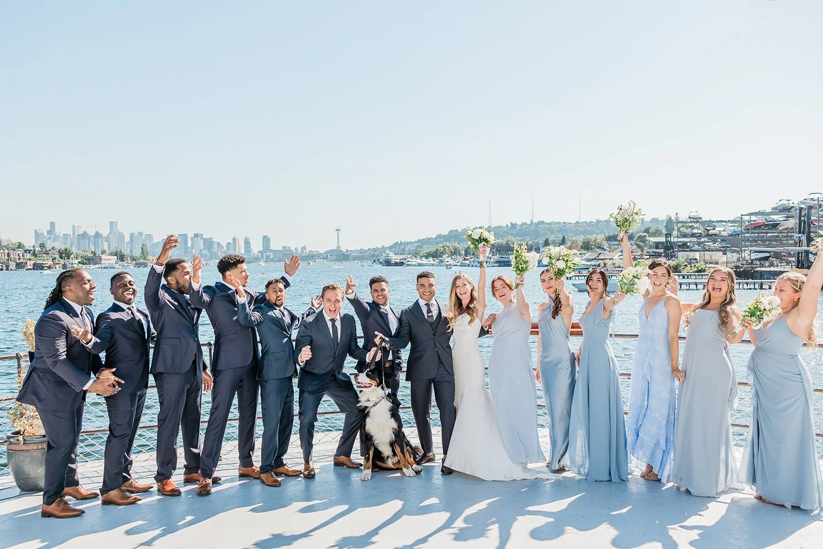 Couple with dog during wedding portraits on the MV Skansonia — B. Jones Photography