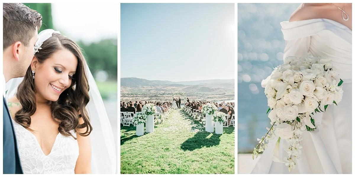 Bridal portrait, a scenic Pacific Northwest view, and a white bouquet detail