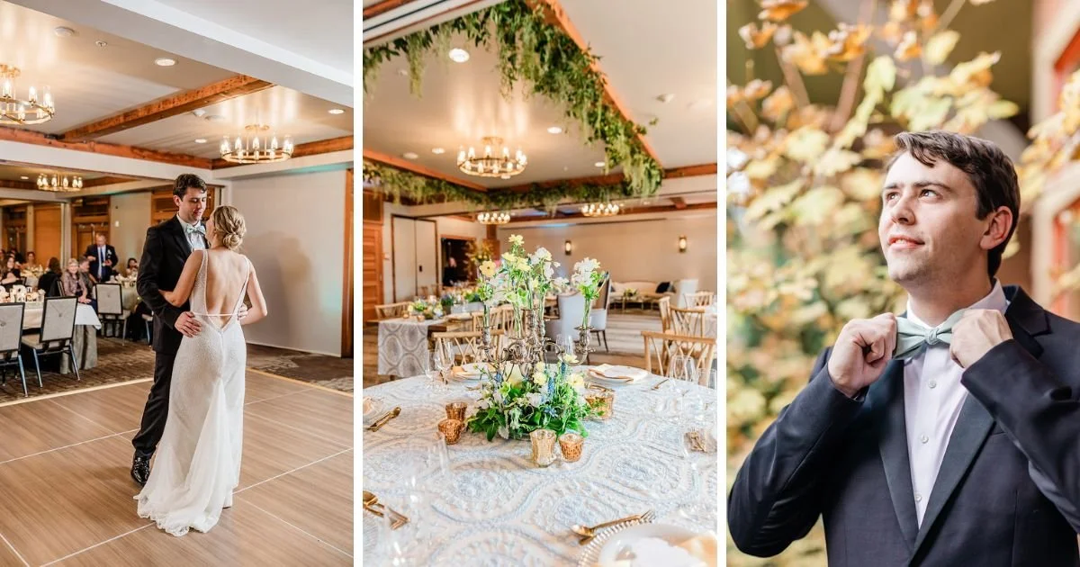 Collage of a Willows Lodge wedding: first dance in the Sammamish Ballroom, reception tablescape with hanging greenery, and groom getting ready, Woodinville WA