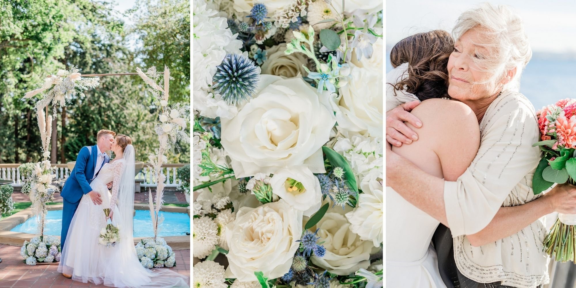 Garden wedding portrait, white floral details, and a couple embracing at a Seattle-area venue