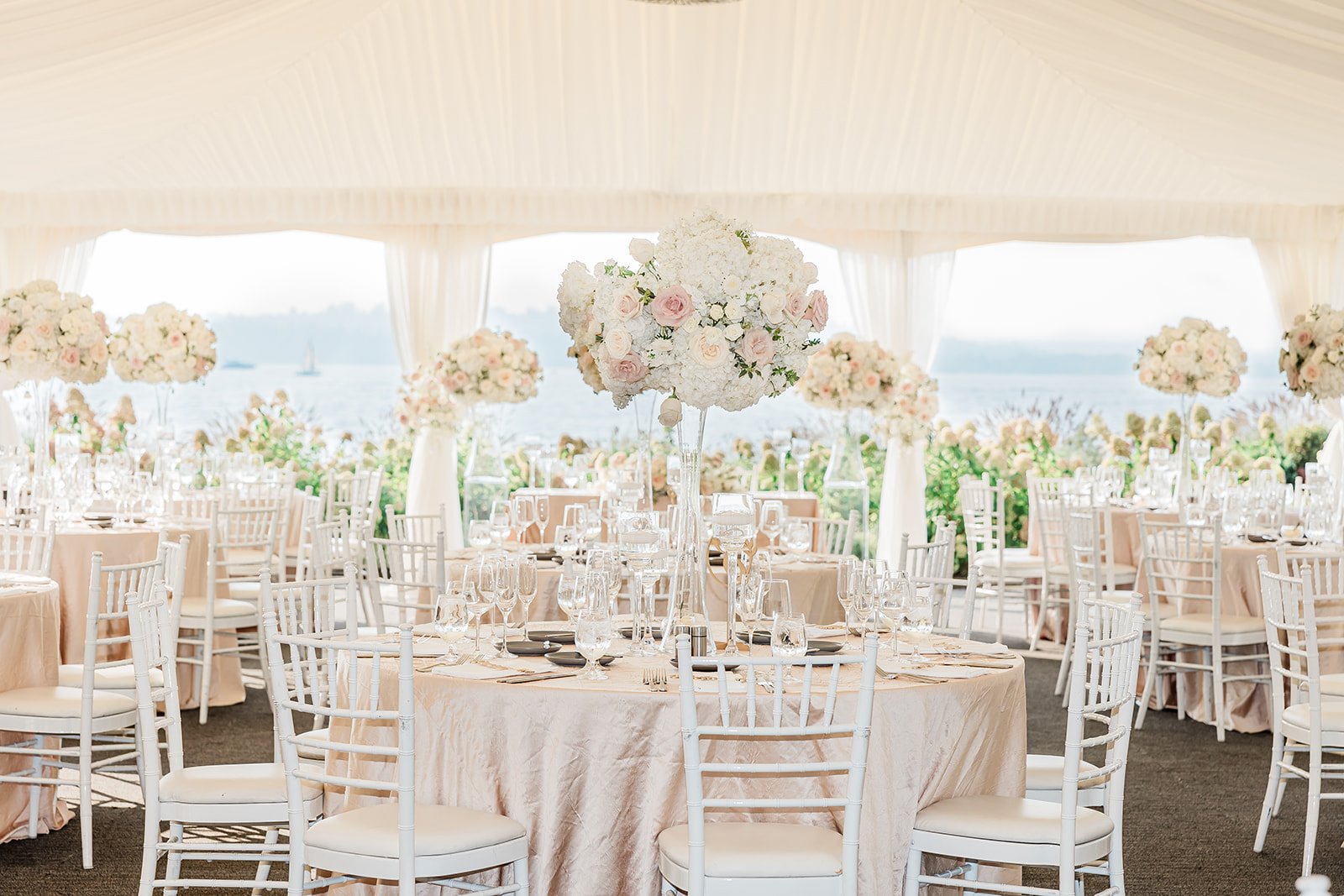 Reception tent tablescape set up for cocktail hour