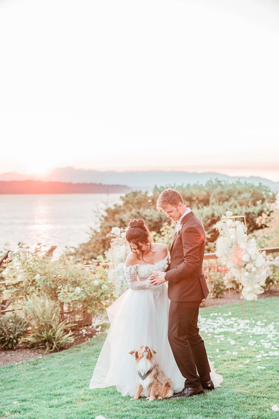 Couple with their dog at a Burien waterfront wedding — Seattle dog-friendly wedding photographer B. Jones Photography