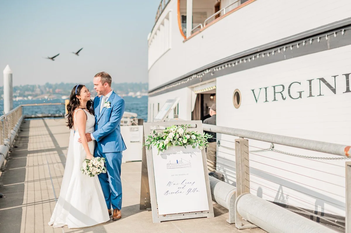 Couple on the dock beside the Virginia V Steamship in Seattle