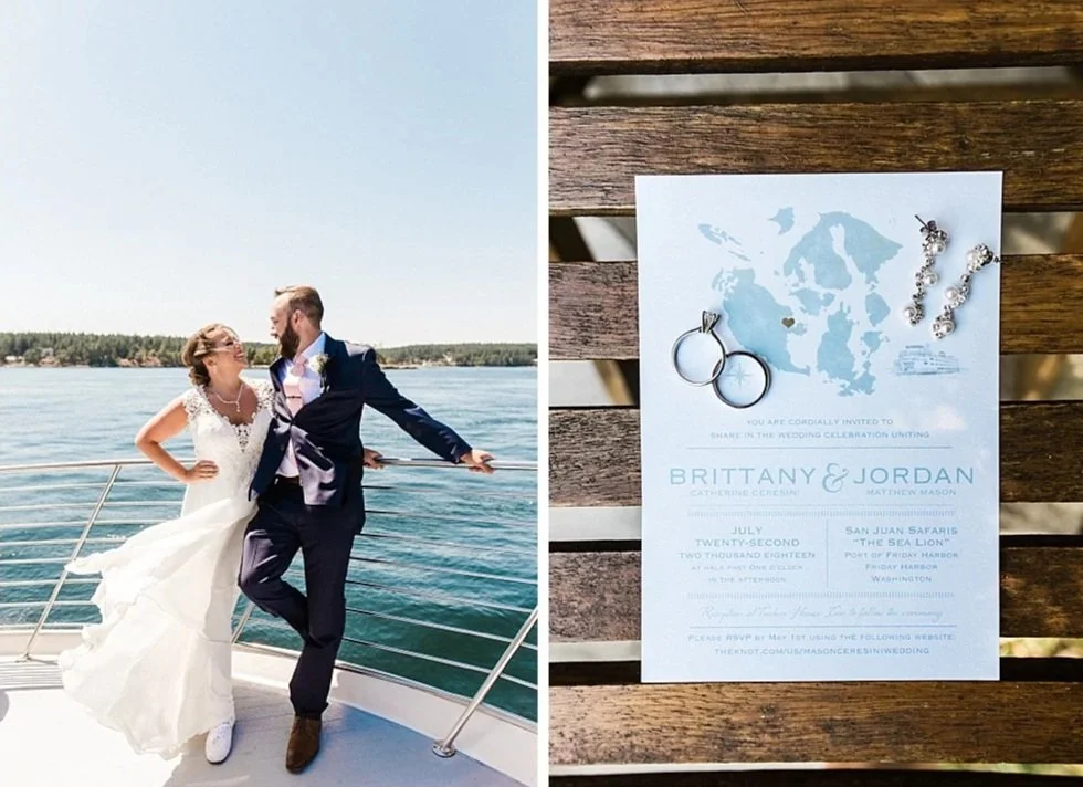 Couple on a whale-watching boat beside their San Juan Island wedding invitation