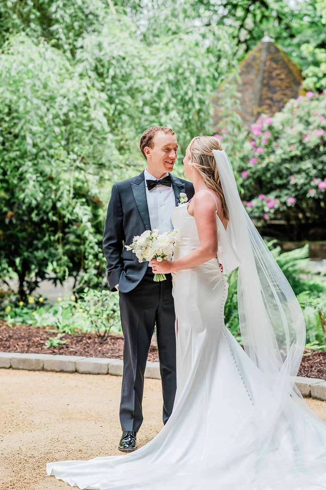 Couple portrait in the upper ceremony space at Chateau Lill in Woodinville