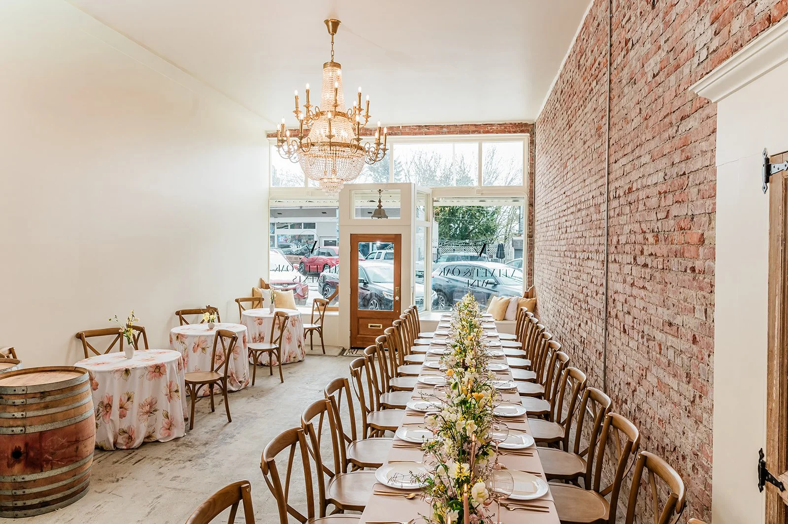 Bridal shower tablescape at The Velvet & Oak Snohomish — spring brunch setup looking down the full length of the table