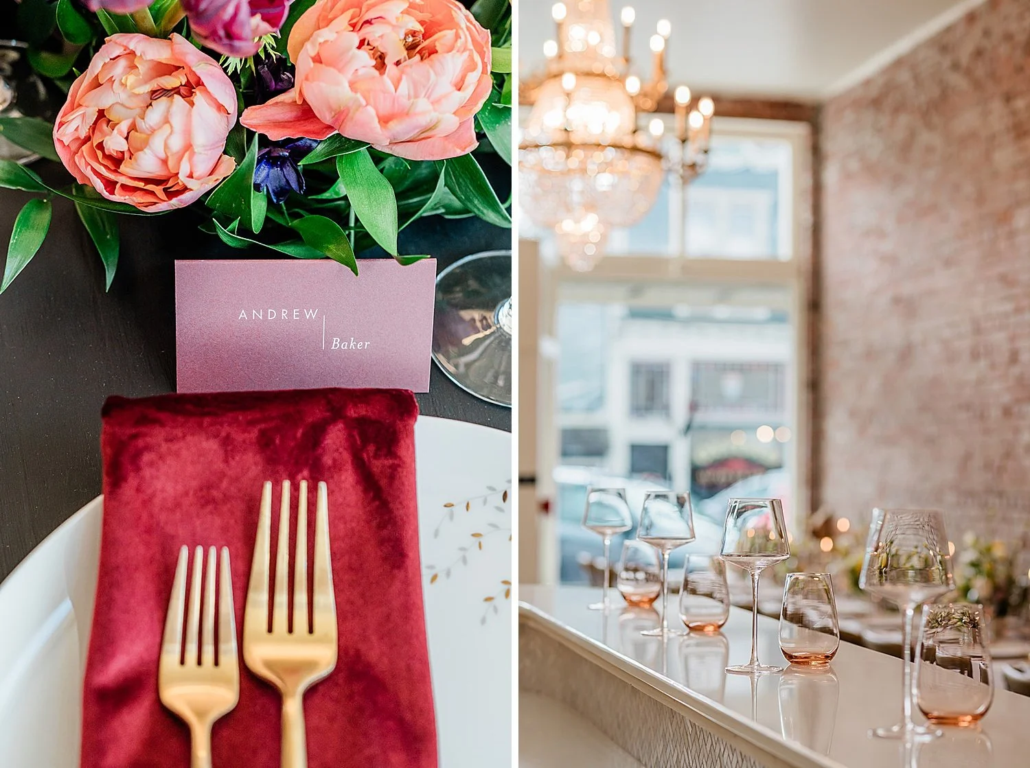 Rehearsal dinner place setting detail — crimson velvet napkin, gold flatware, place card by Magnolia Marks Studio, coral peonies]