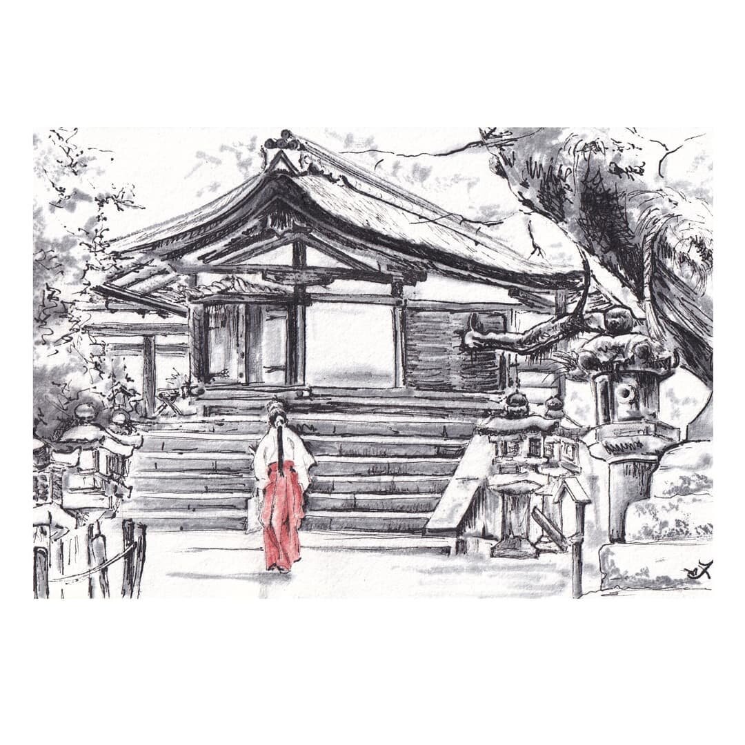 I caught a glimpse of this shrine maiden's red between the stone lanterns and trees at Kasuga Taisha in Nara.

This is one in a series, illustrating scenes across Japan, using copic markers and Japanese inks sticks with a single pop of red. 

#red #赤