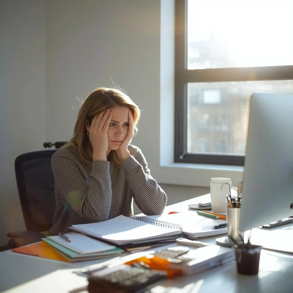 a busy, stressed, middle aged woman working at a desk in a coporate office that has a cluttered desk, lots of natural light, feng shui, business feng shui, business success, business clarity, business wealth