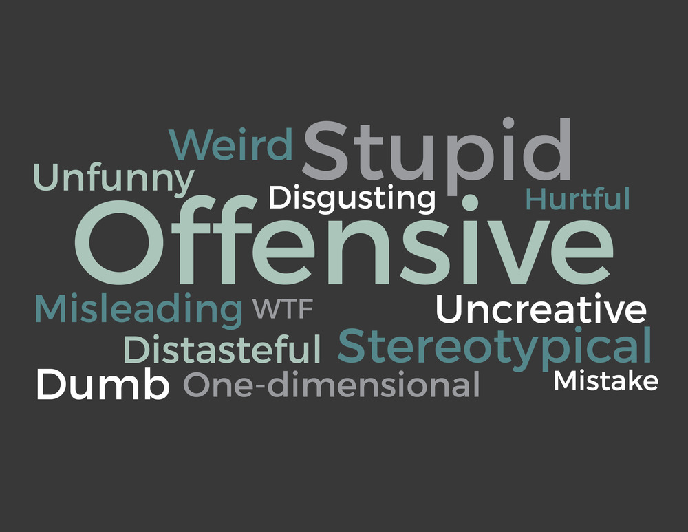  A word map of the descriptions used for the ads: the largest word, "offensive," being the most frequent. 