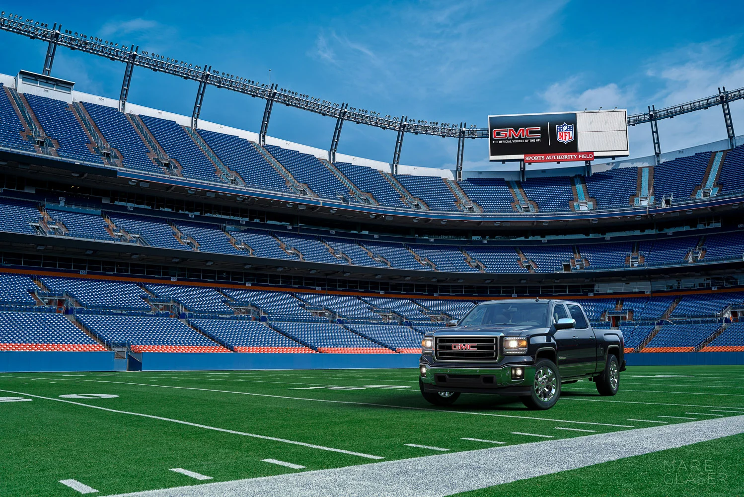 2014 GMC Sierra in Denver Broncos Stadium.