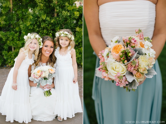 bride with flower girls and floral wedding bouquet