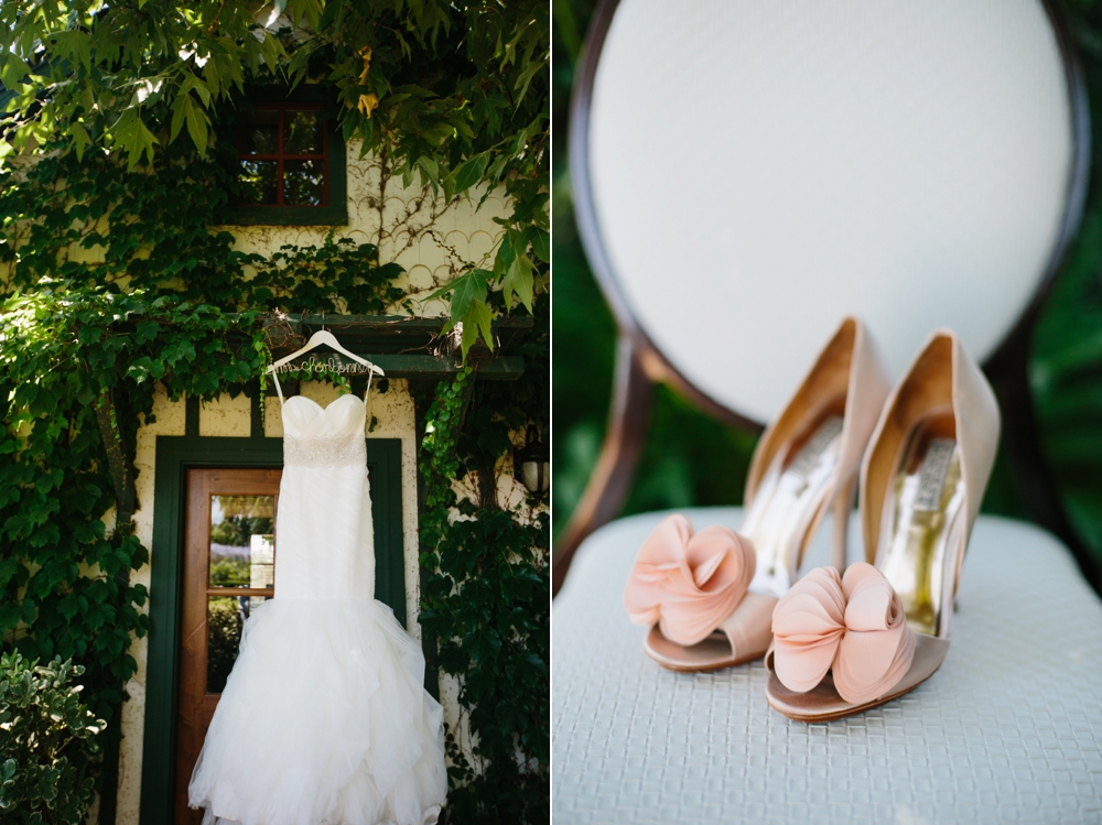 strapless wedding dress and soft pink heels