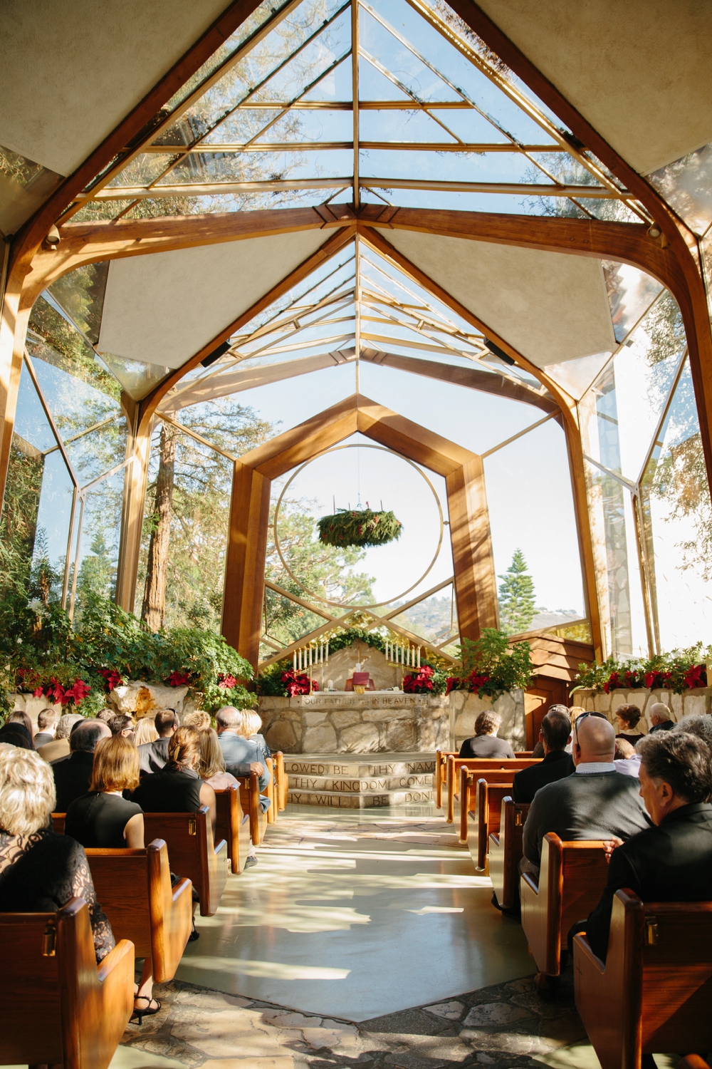 Inside a glass chapel Wayfarers Chapel