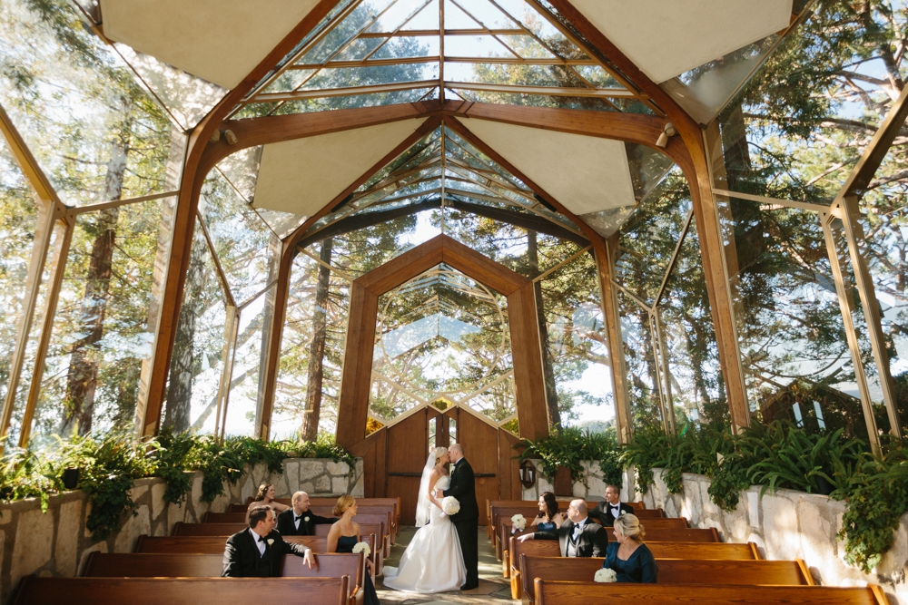 Wedding Party group portrait inside Wayfarers Glass Chapel