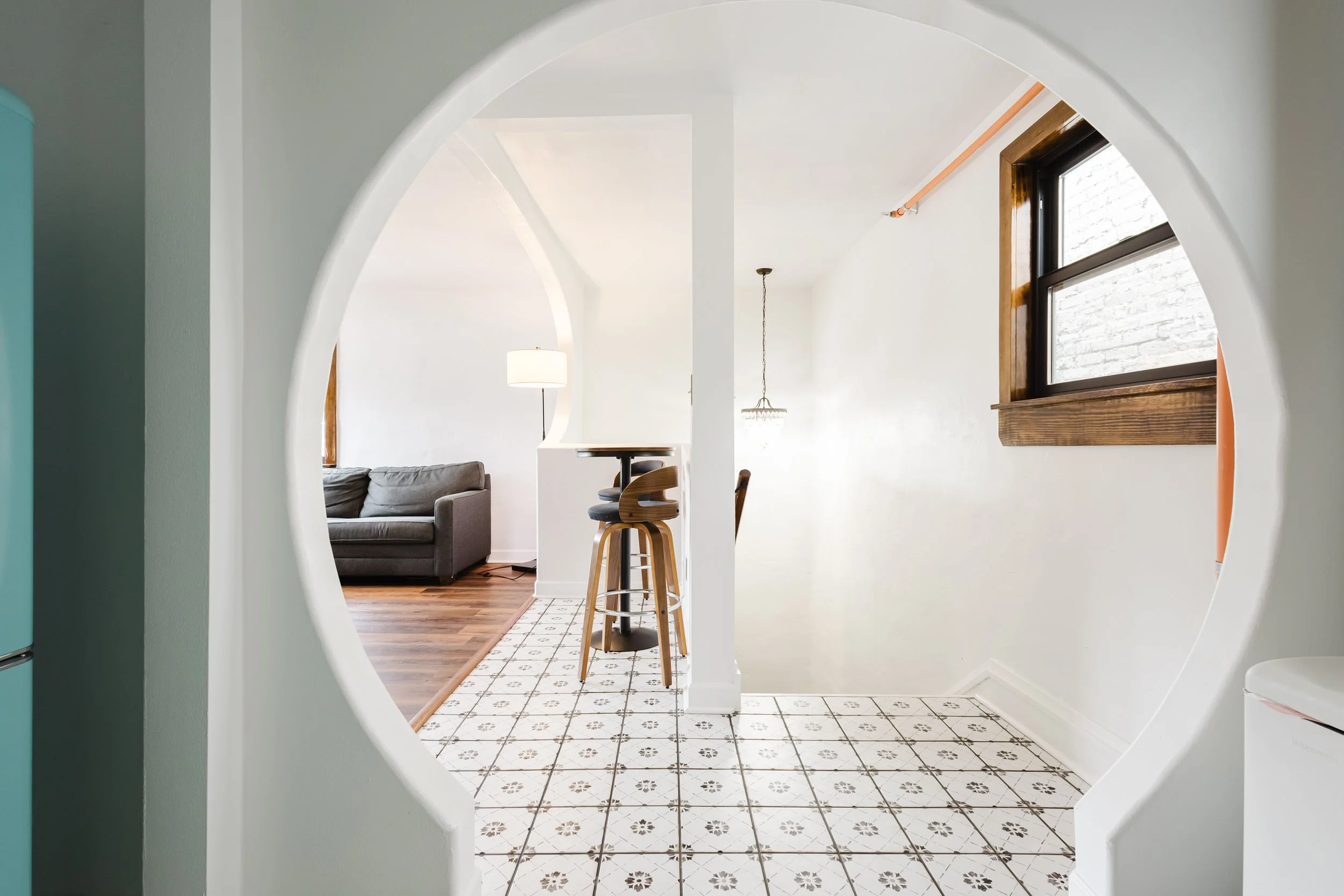 Modern hotel room with circle wall