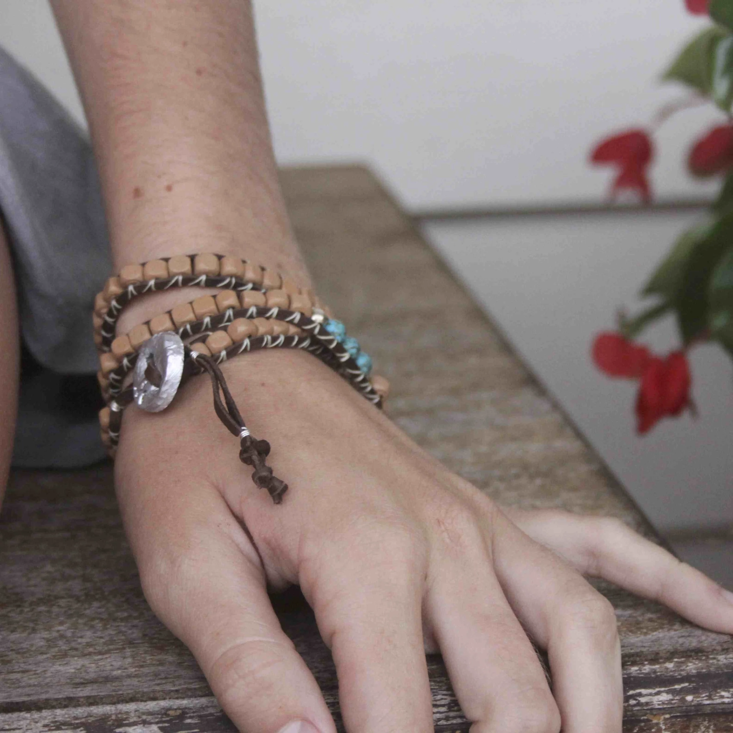 Tan Turquoise Wrap Bracelet