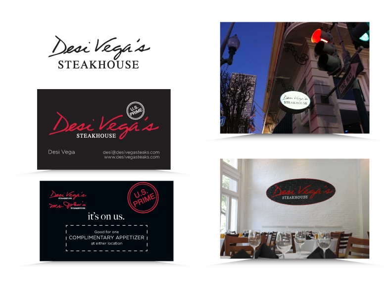   Logo, collateral and signage designed for Desi Vega’s and Mr. John’s Steakhouse New Orleans  