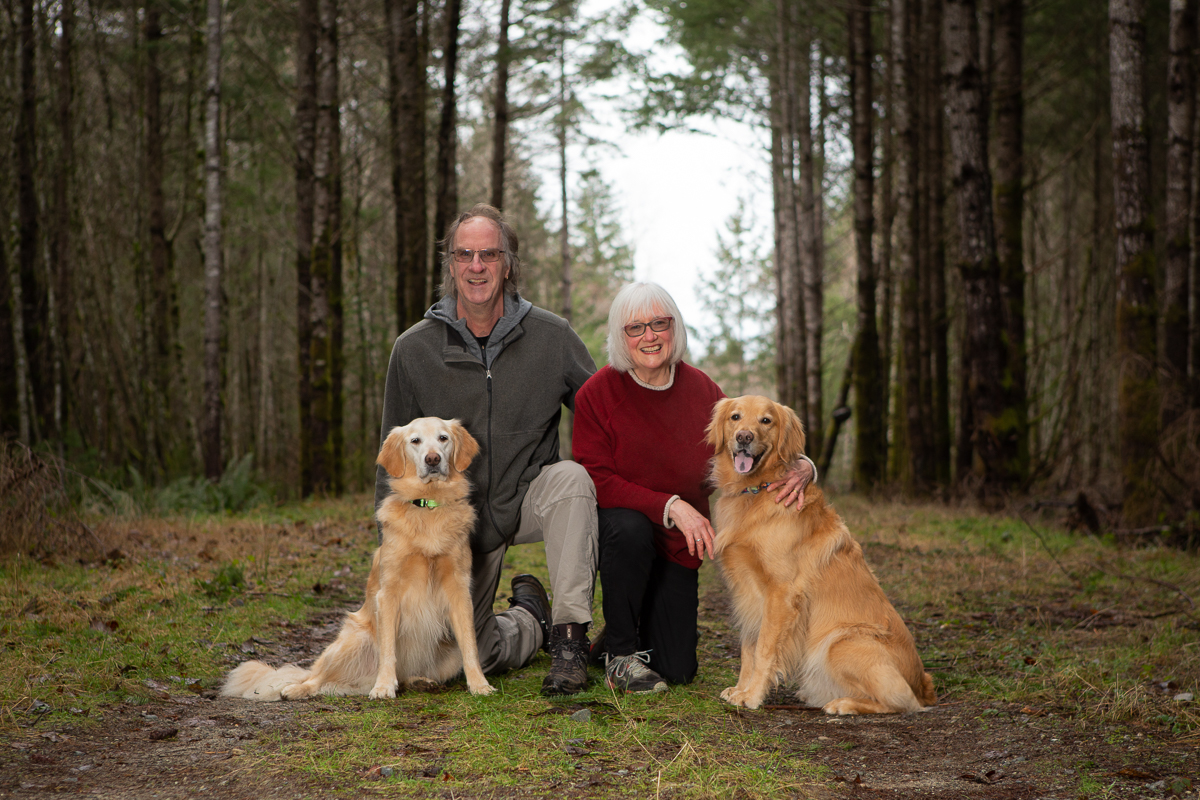Couple with two labrador retriever dogs in the forest