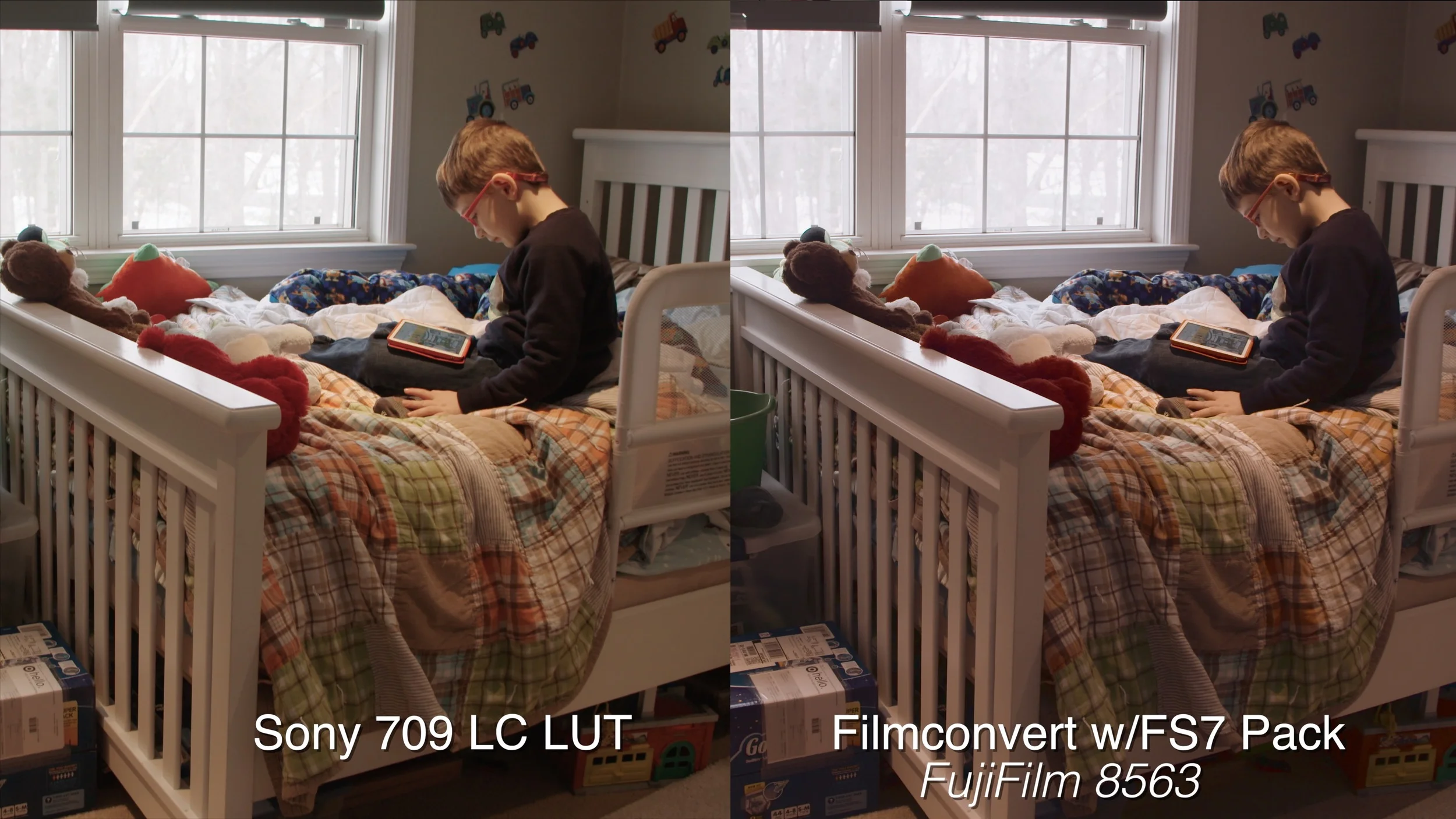 Click for larger image. A high dynamic range shot on a bright snowy day, with tungsten and sunlight mixed. Notice white balance may need tweaking based on the film stock you select when used with FilmConvert.